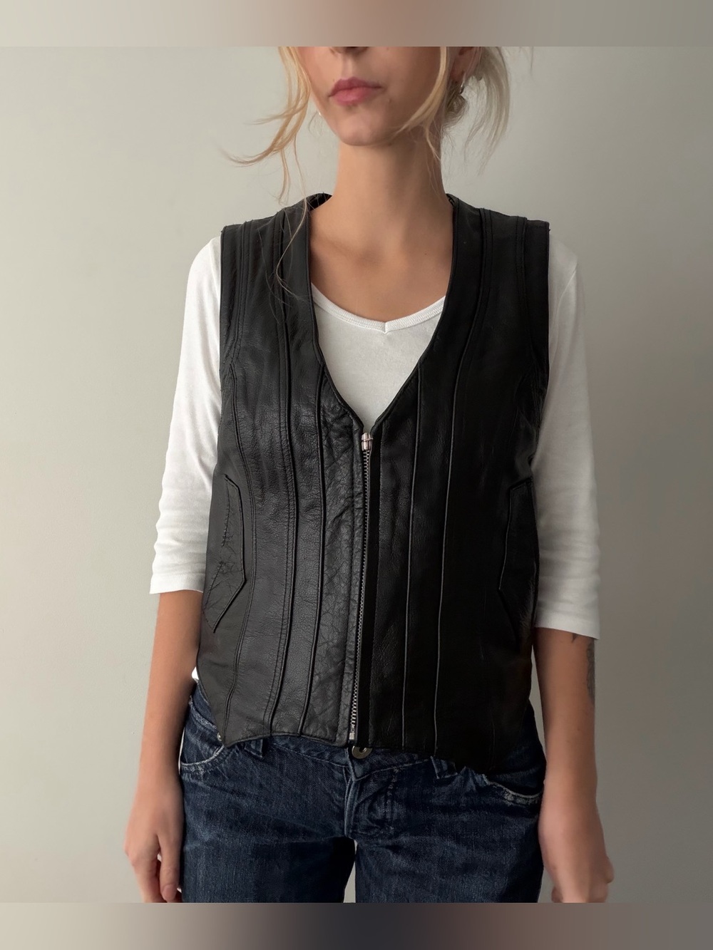 Black Genuine Leather Vest Zip Front Vintage